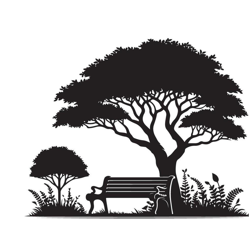 Serene Park Scene Black Silhouette Illustration of a Bench Under Tree vector