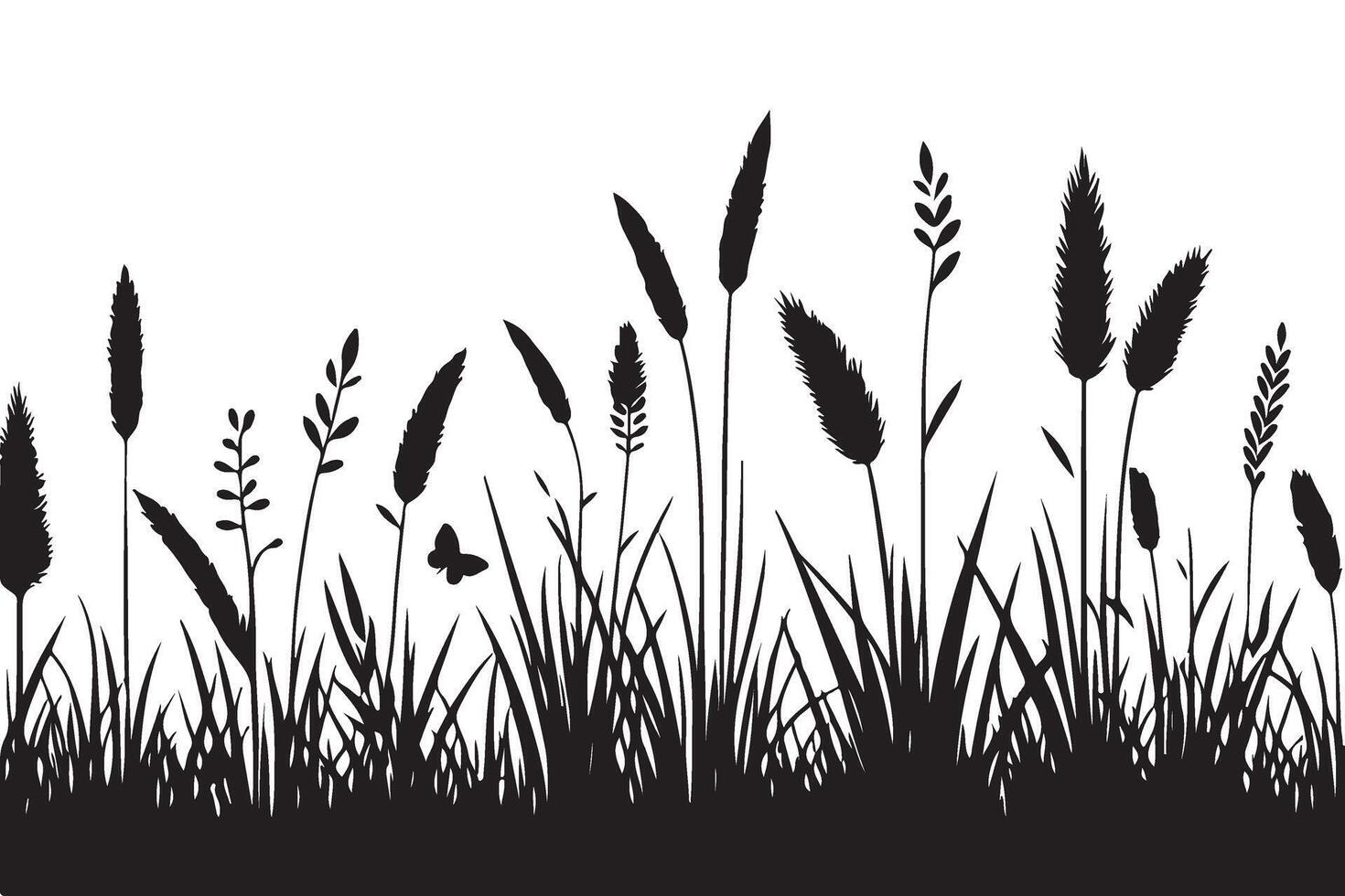 Extended Grassland Silhouette with Butterfly Illustration Background vector