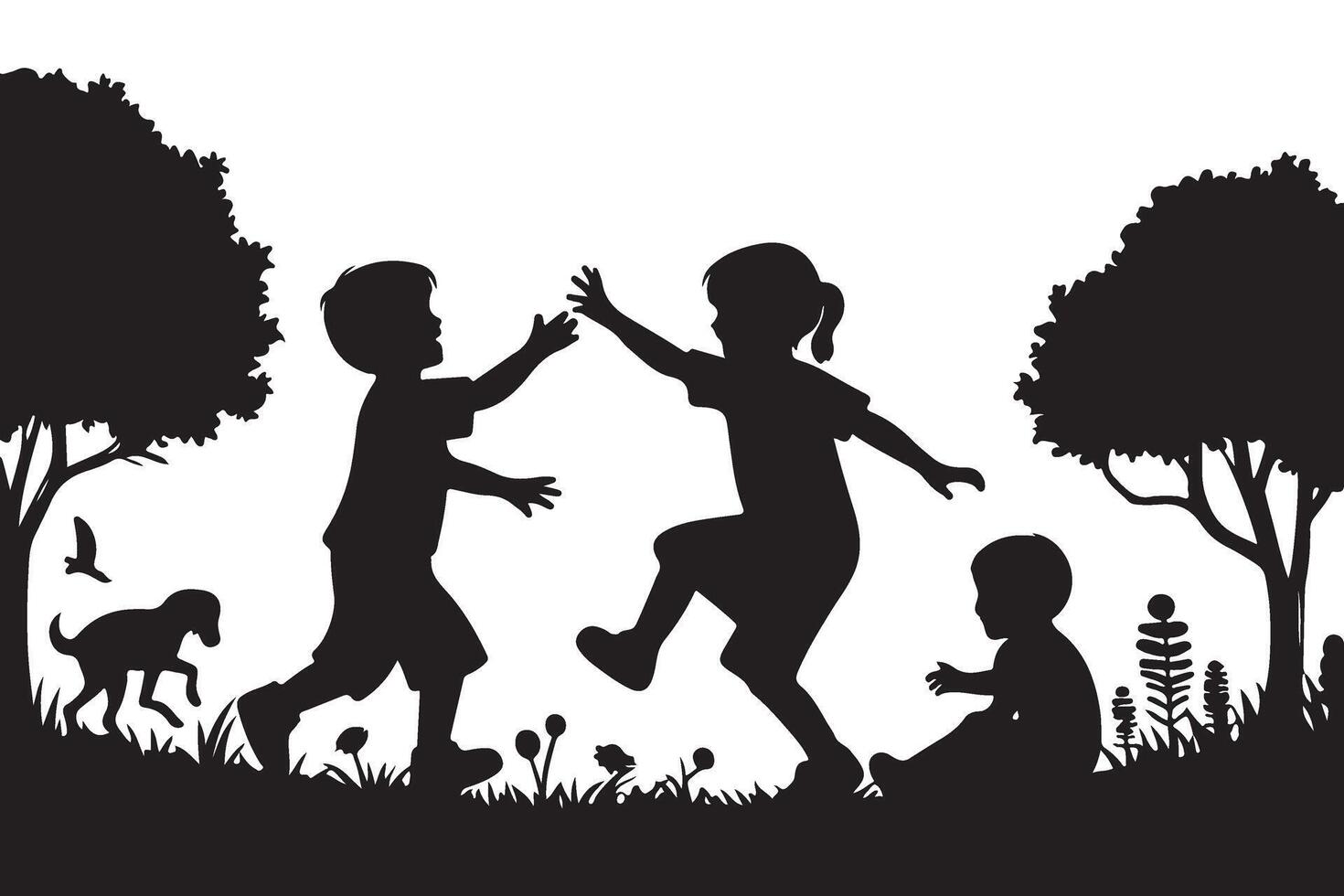 Kids playing in a park silhouette illustration artwork vector