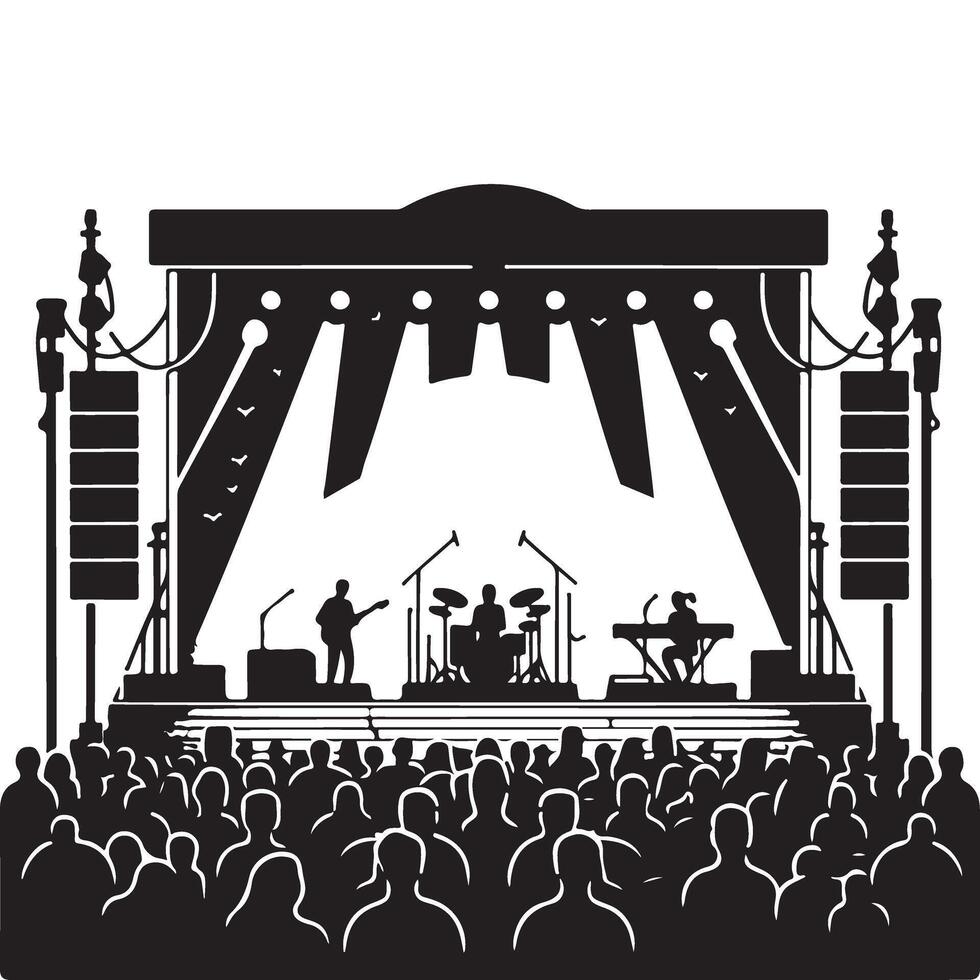 Silhouette illustration music concert stage with band performing graphic art vector