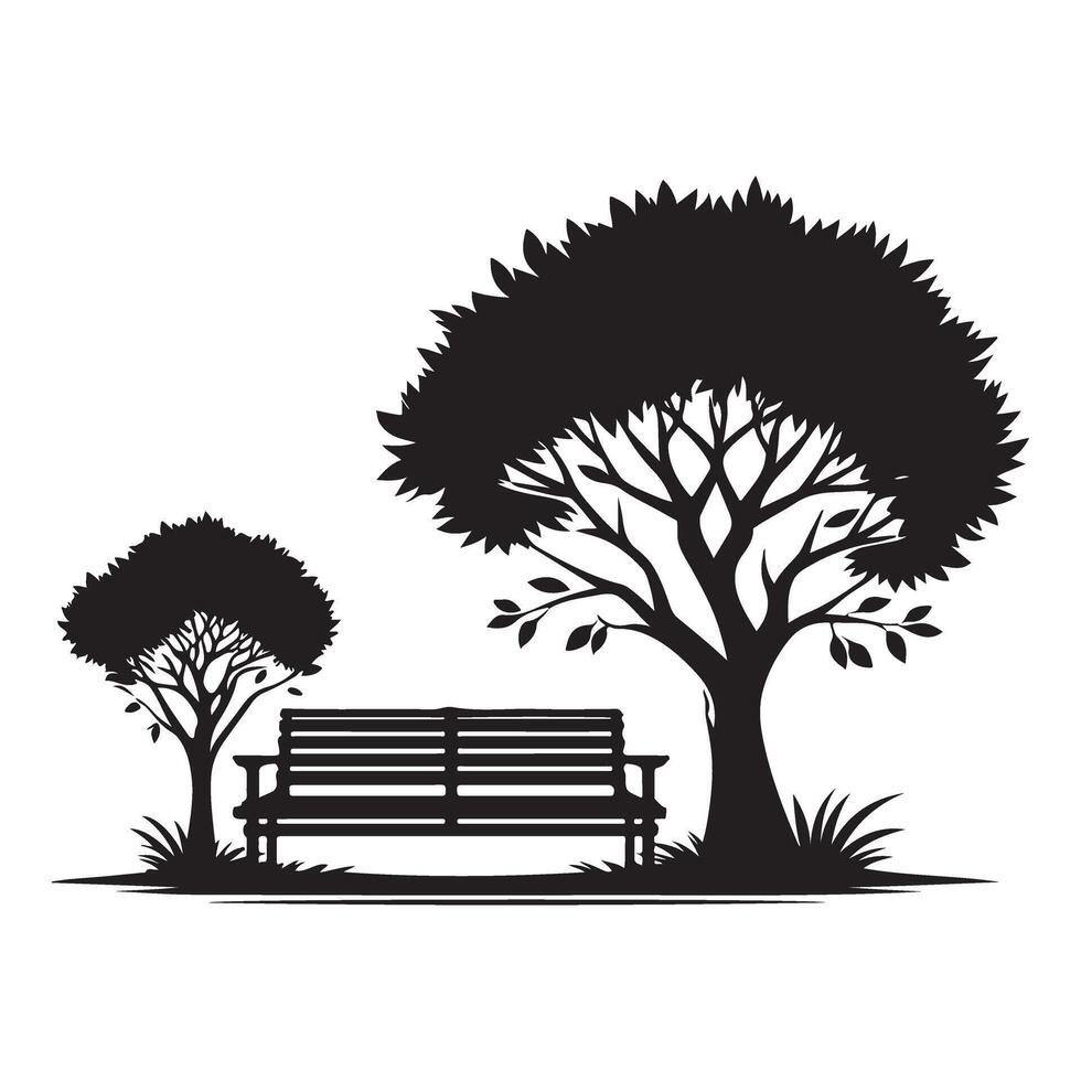 Peaceful Park View Black Silhouette Scene of Tree and Bench vector