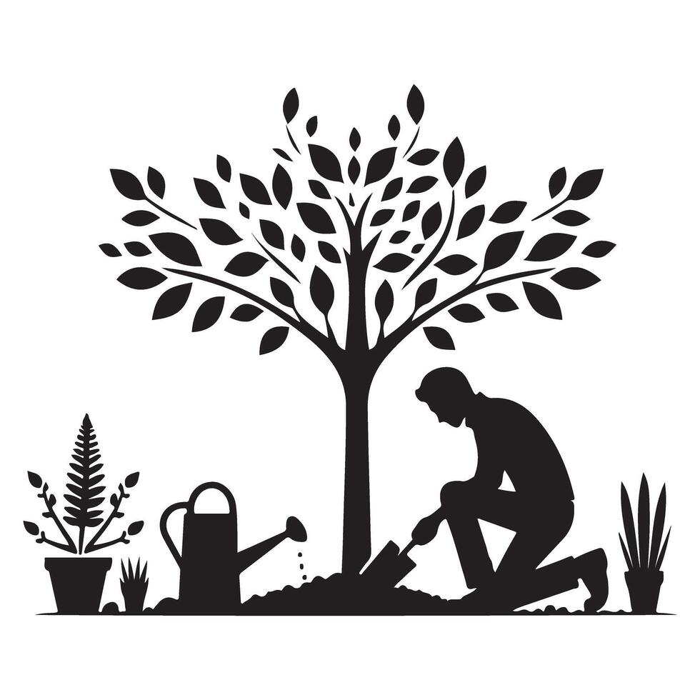 Silhouette Planting a Tree Gardener Illustration for Garden Care Service vector