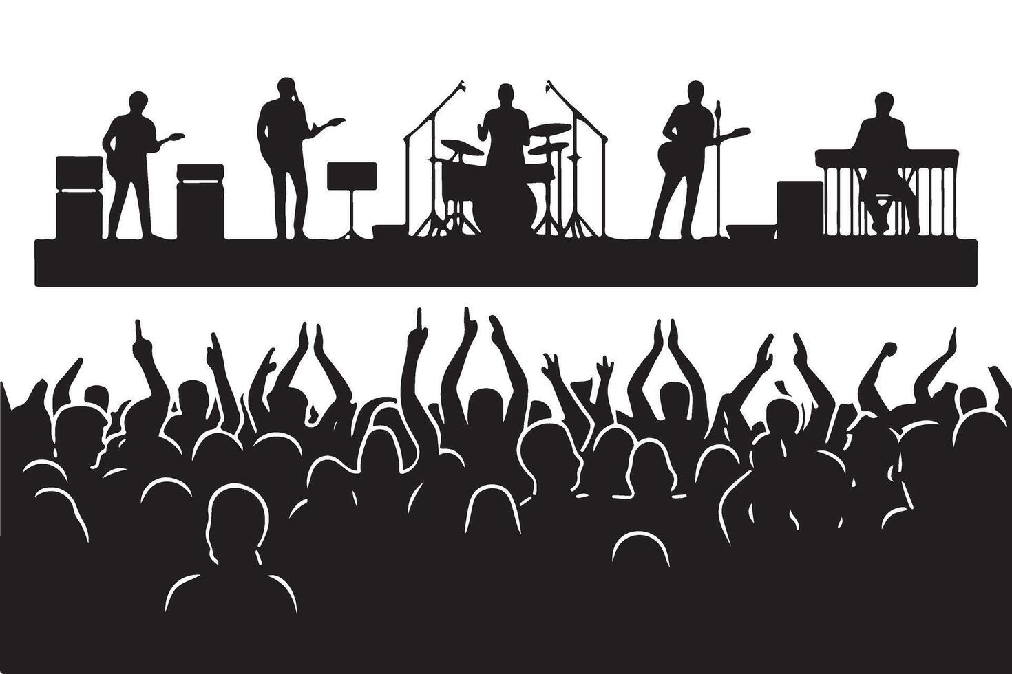 Excited Concert Crowd Silhouette with Band Performance Illustration vector