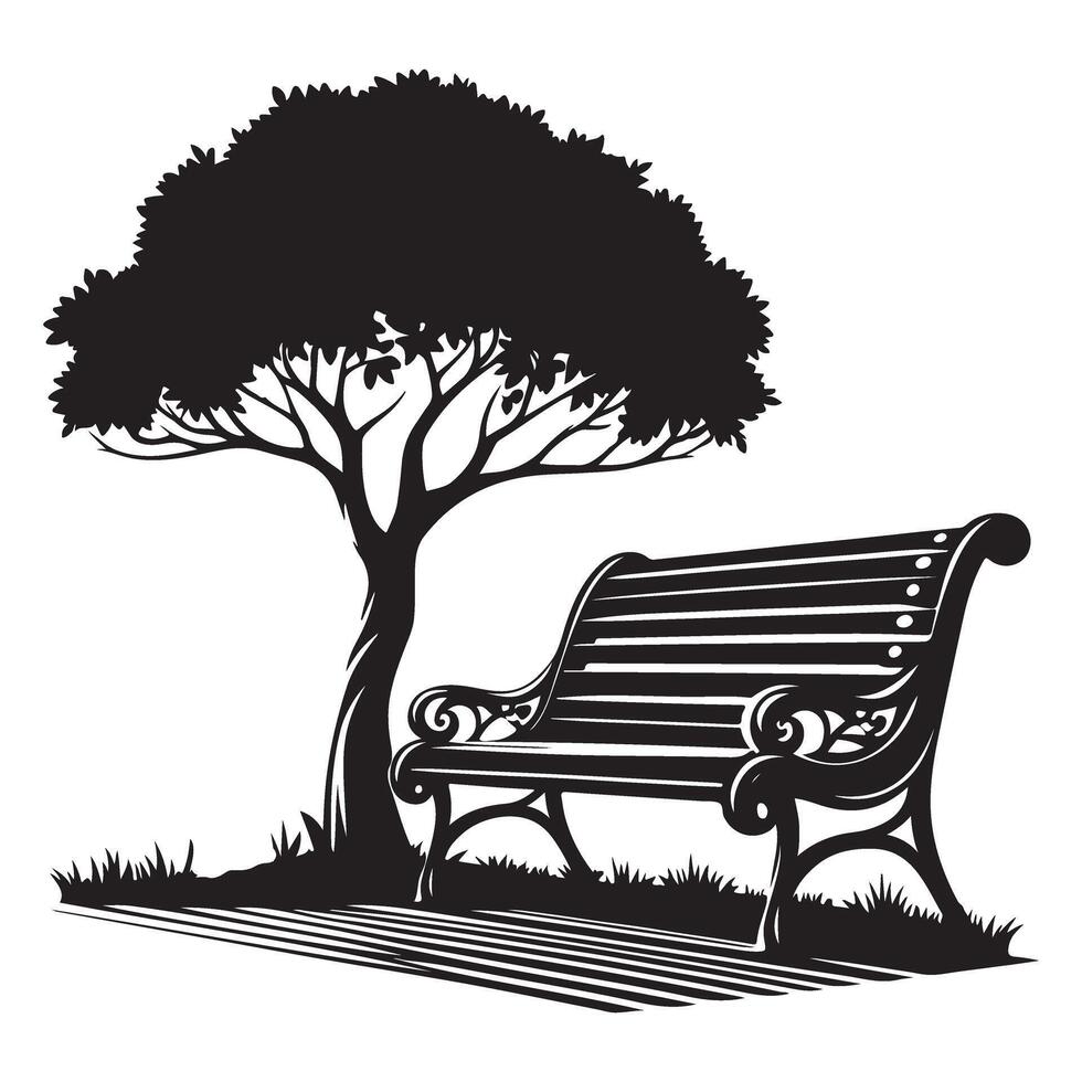 Park Bench Under Tree Silhouette Serene Outdoor Scene vector