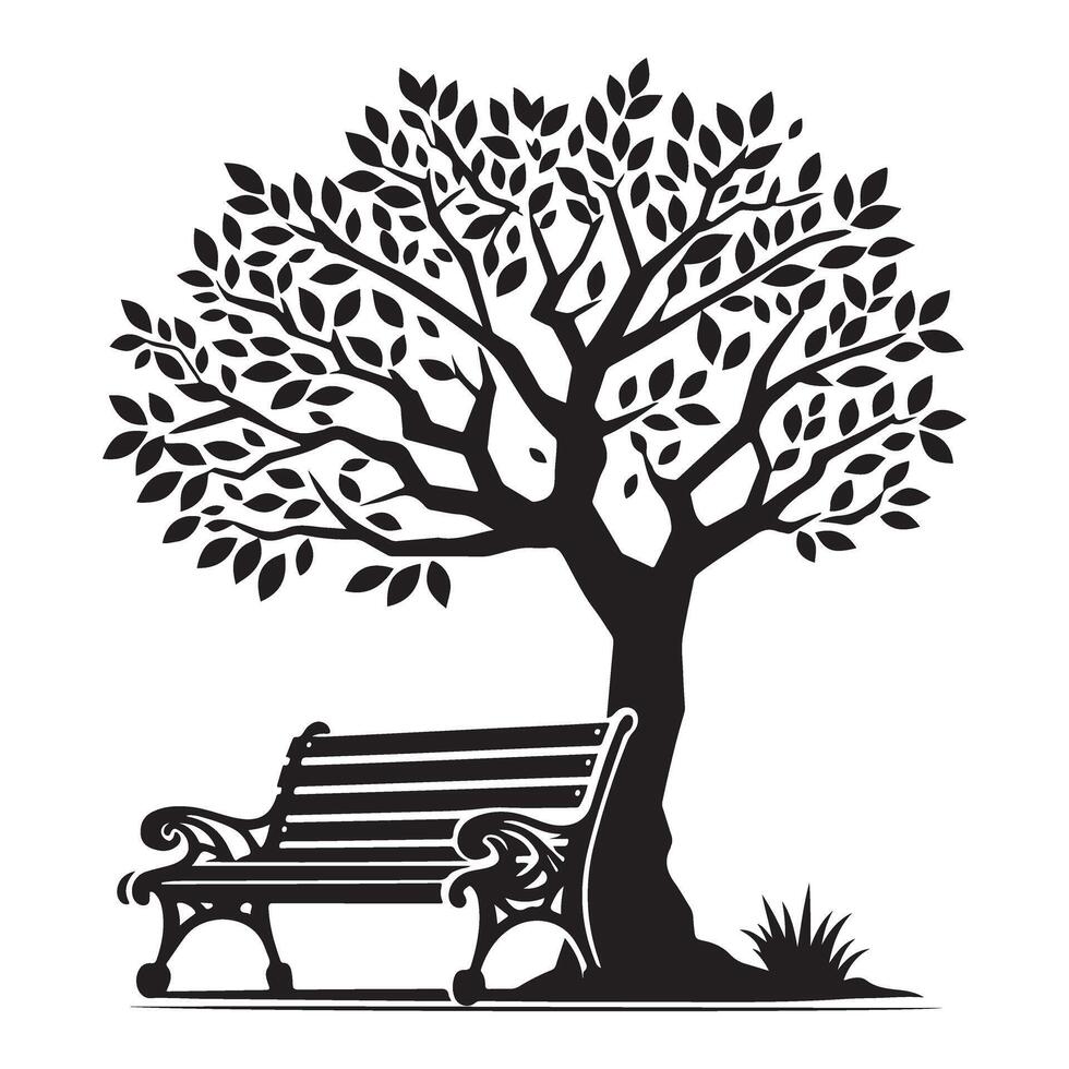 Park Bench Under Tree Silhouette Illustration Peaceful Resting Place vector