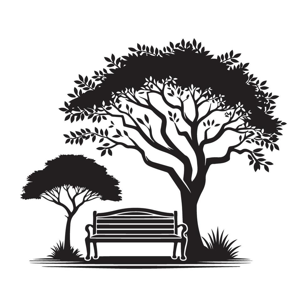 Peaceful Park Setting Silhouette Bench Under Tree Illustration vector