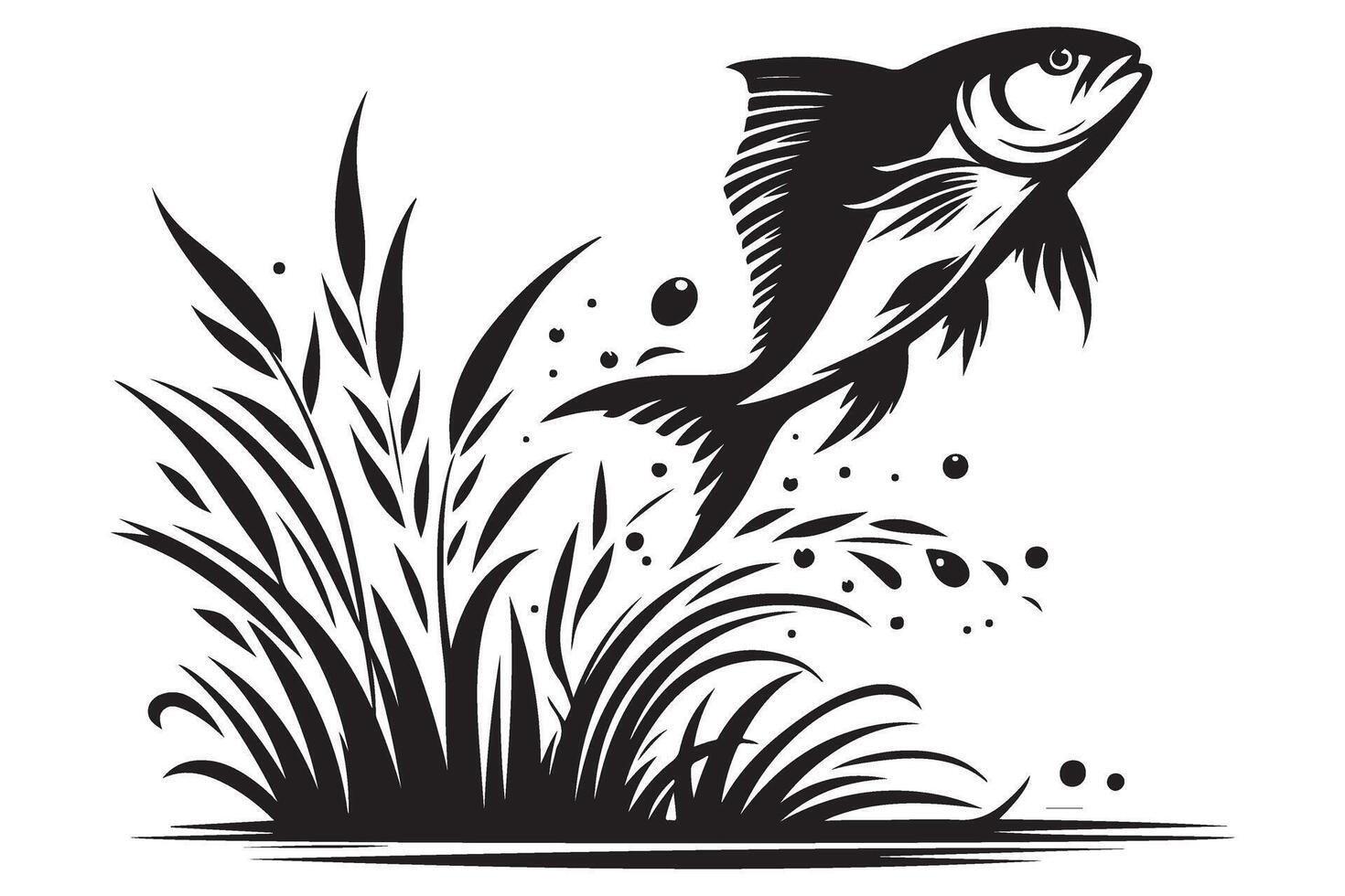 Silhouette Fish Jumping From Reeds Illustration River Life vector