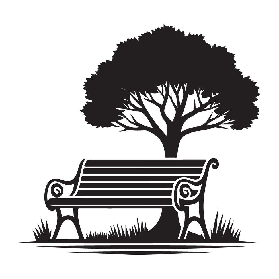 Relaxing park bench silhouette under tree scenery for peaceful rest vector