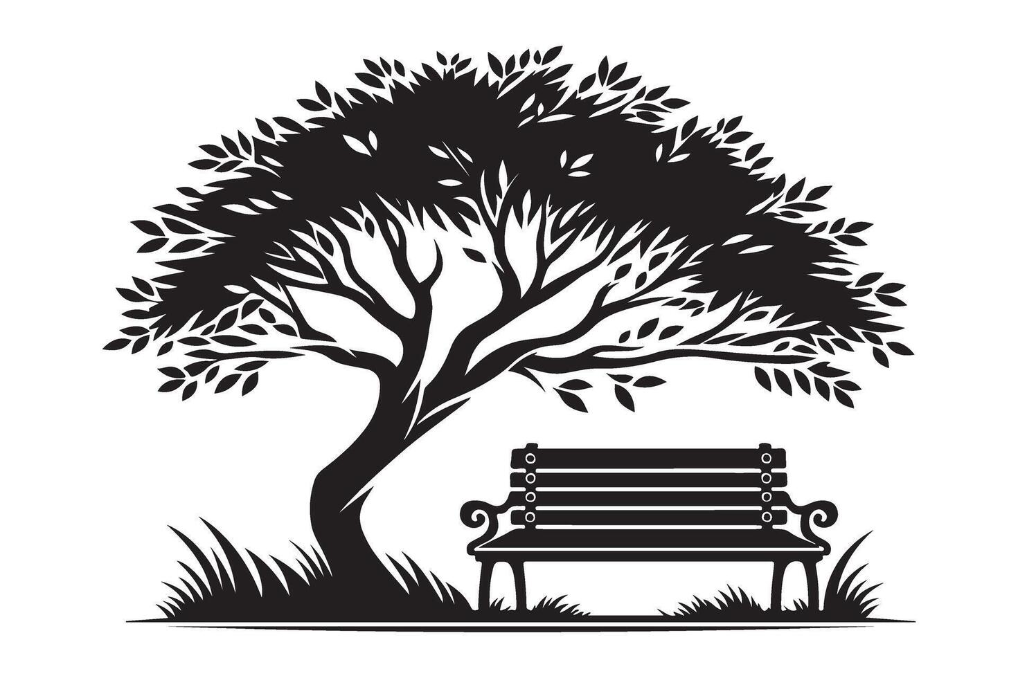 Tranquil Tree Bench Silhouette Park Relaxation Place Design vector