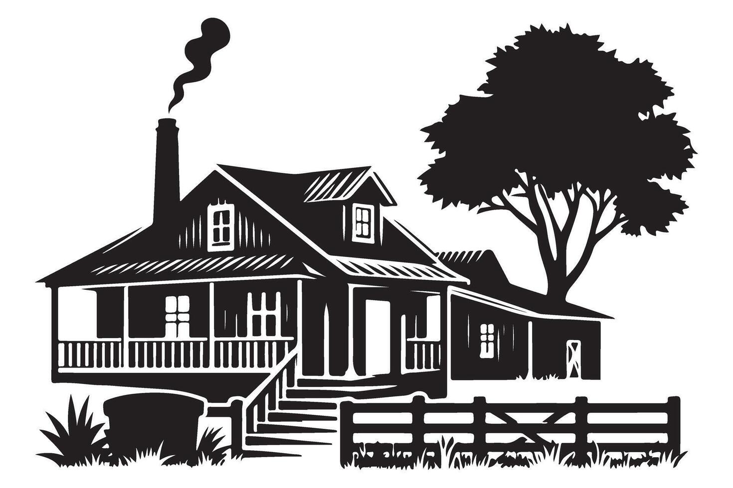 Vintage Farmhouse Silhouette Illustration with Tree Black and White vector
