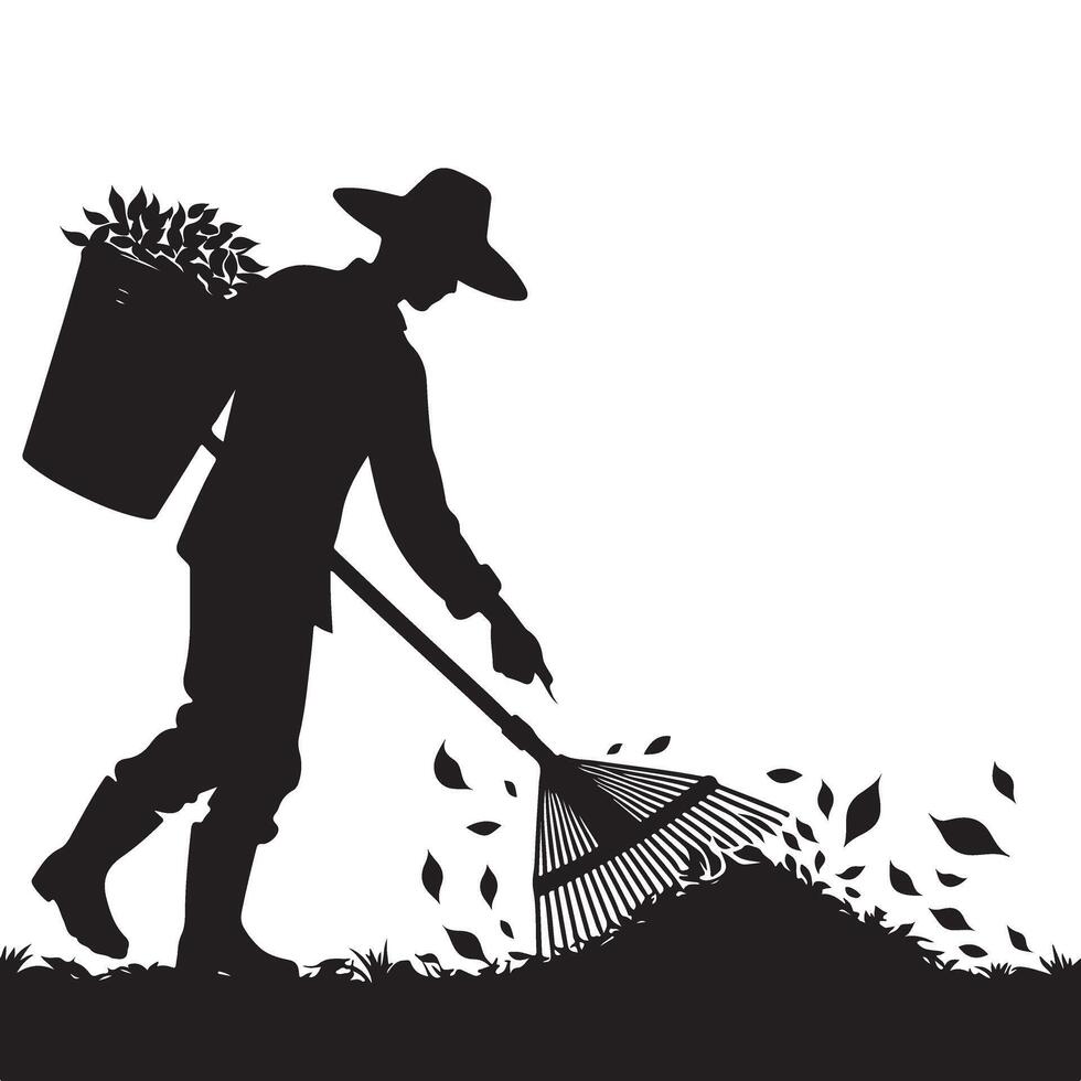 Silhouette of Gardener Raking Leaves into Pile During Autumn vector