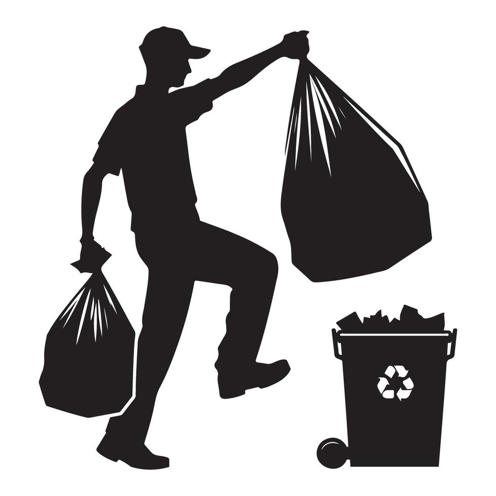 Silhouette Illustration of a Sanitation Worker Collecting Trash vector