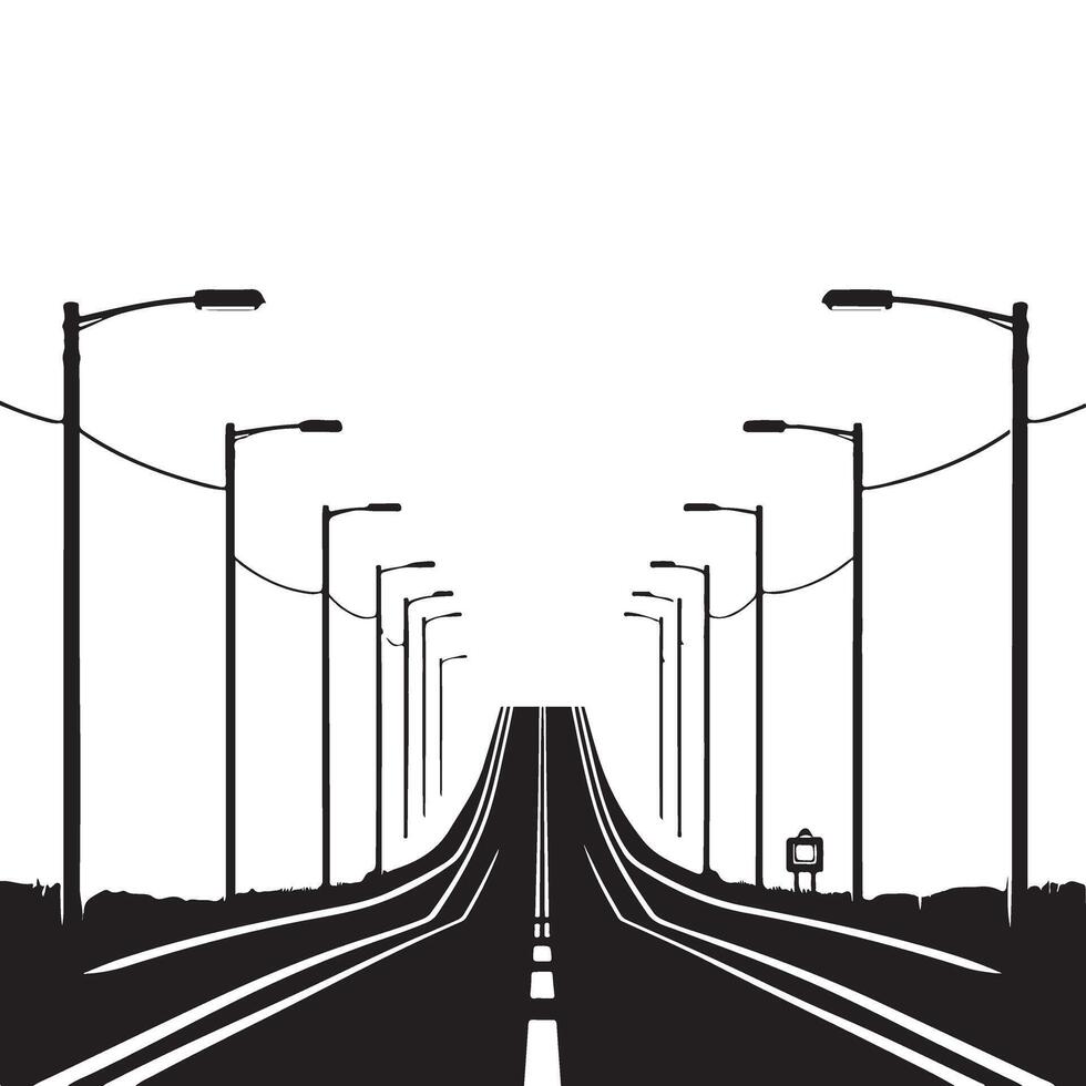 Scenic Road Perspective View with Street Lights Black Illustration vector