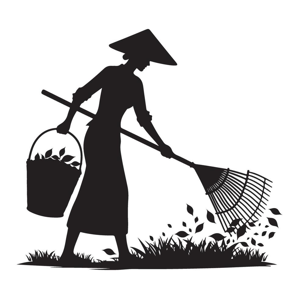 Silhouette Asian Woman Gardening with Rake and Bucket Illustration vector