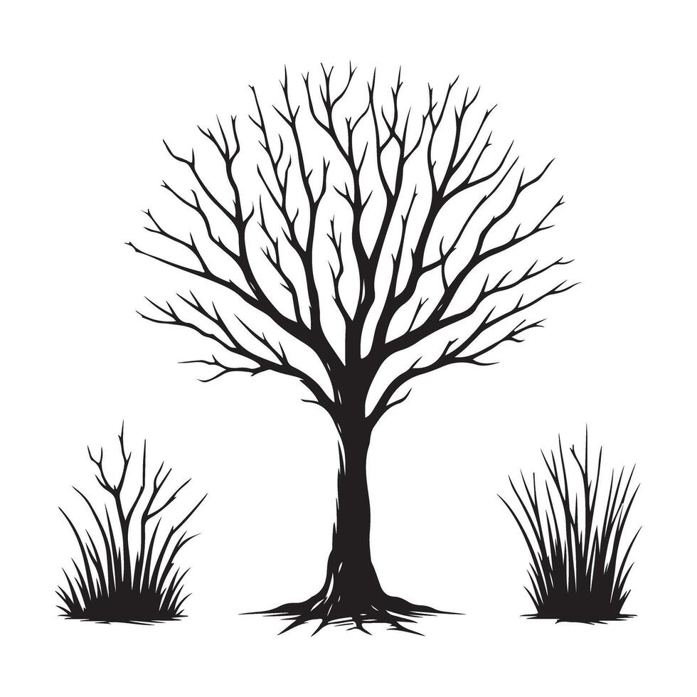 Silhouette of Bare Tree with Grass Modern Illustration of Nature vector