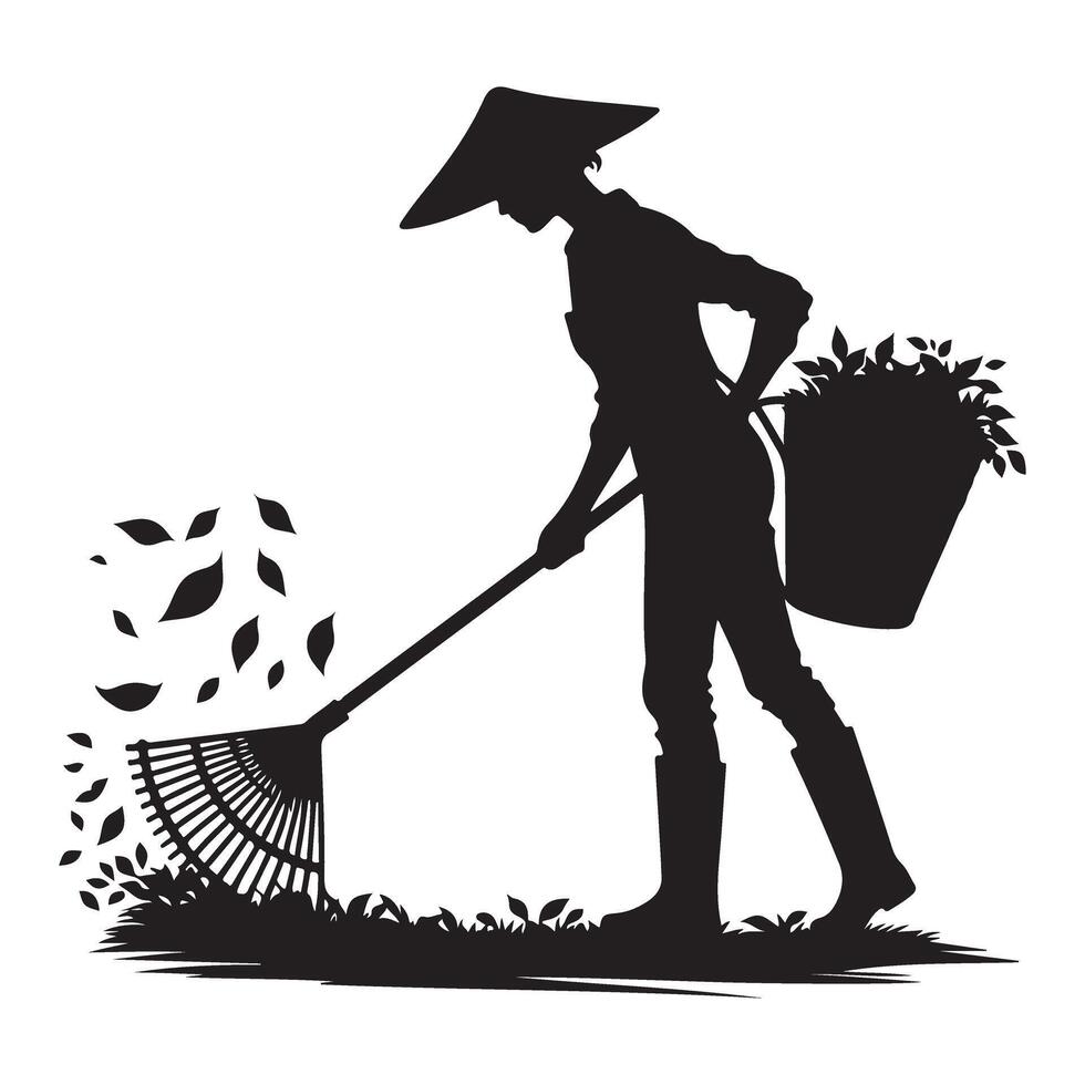 Silhouette Woman Gardener Raking Leaves with Bucket Illustration vector