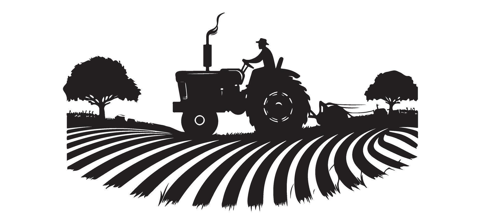 Silhouette of Farmer Plowing Field with Tractor Illustration vector
