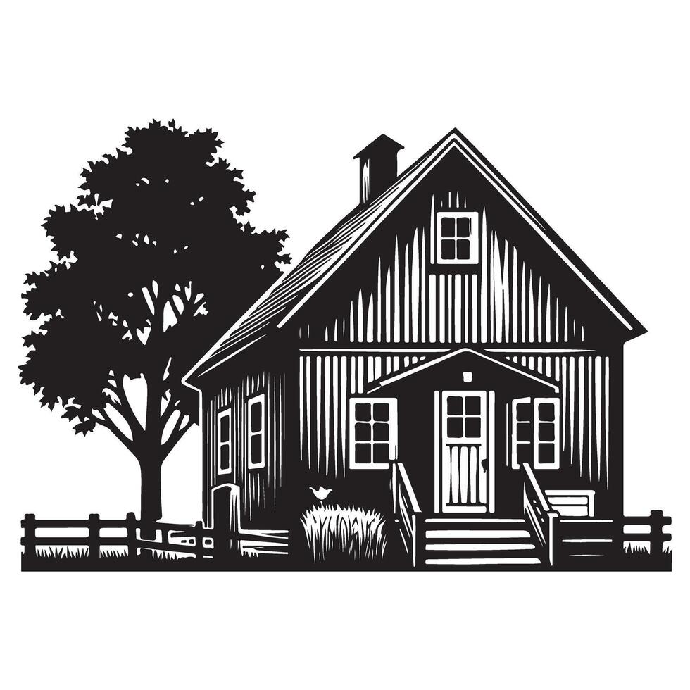 Quaint Cottage with Tree Illustration Serene Countryside Design vector
