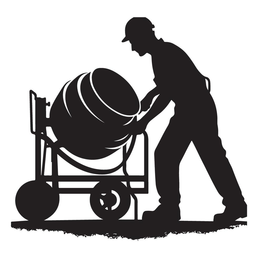 Cement mixer silhouette of construction worker handling mixing machine vector