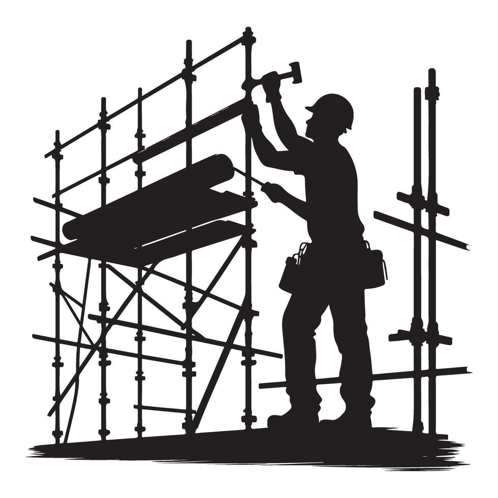 Construction Worker Erecting Scaffolding Silhouette Illustration for Building Projects vector