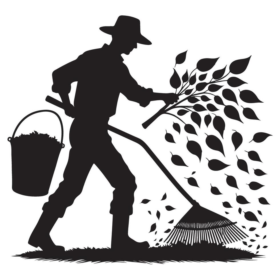 Silhouette Man Gathering Leaves with Rake and Bucket vector