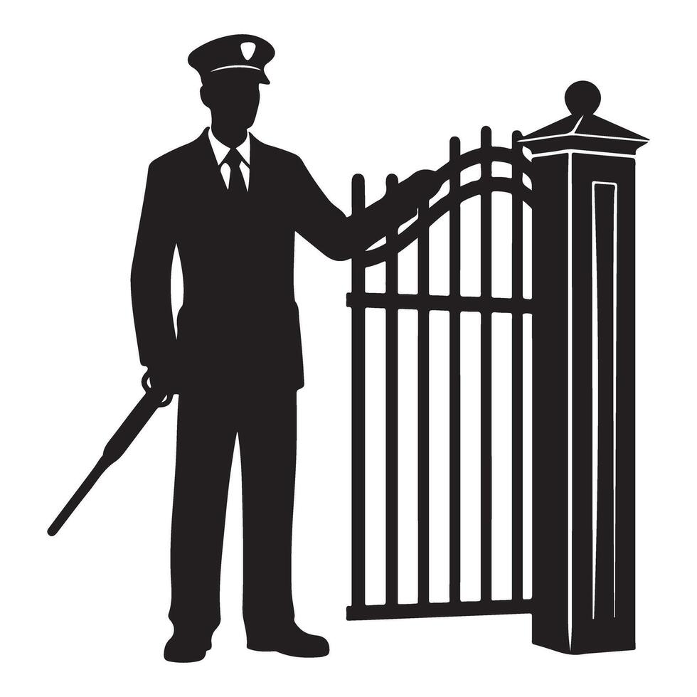 Silhouette Security Guard at Gate Providing Safety and Protection vector