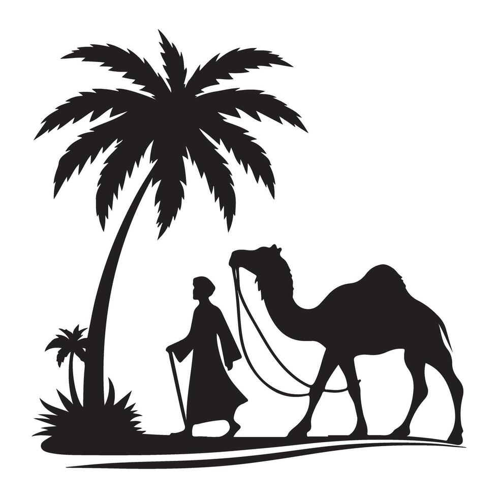 Silhouette desert caravan illustration with man and camel under palm tree vector