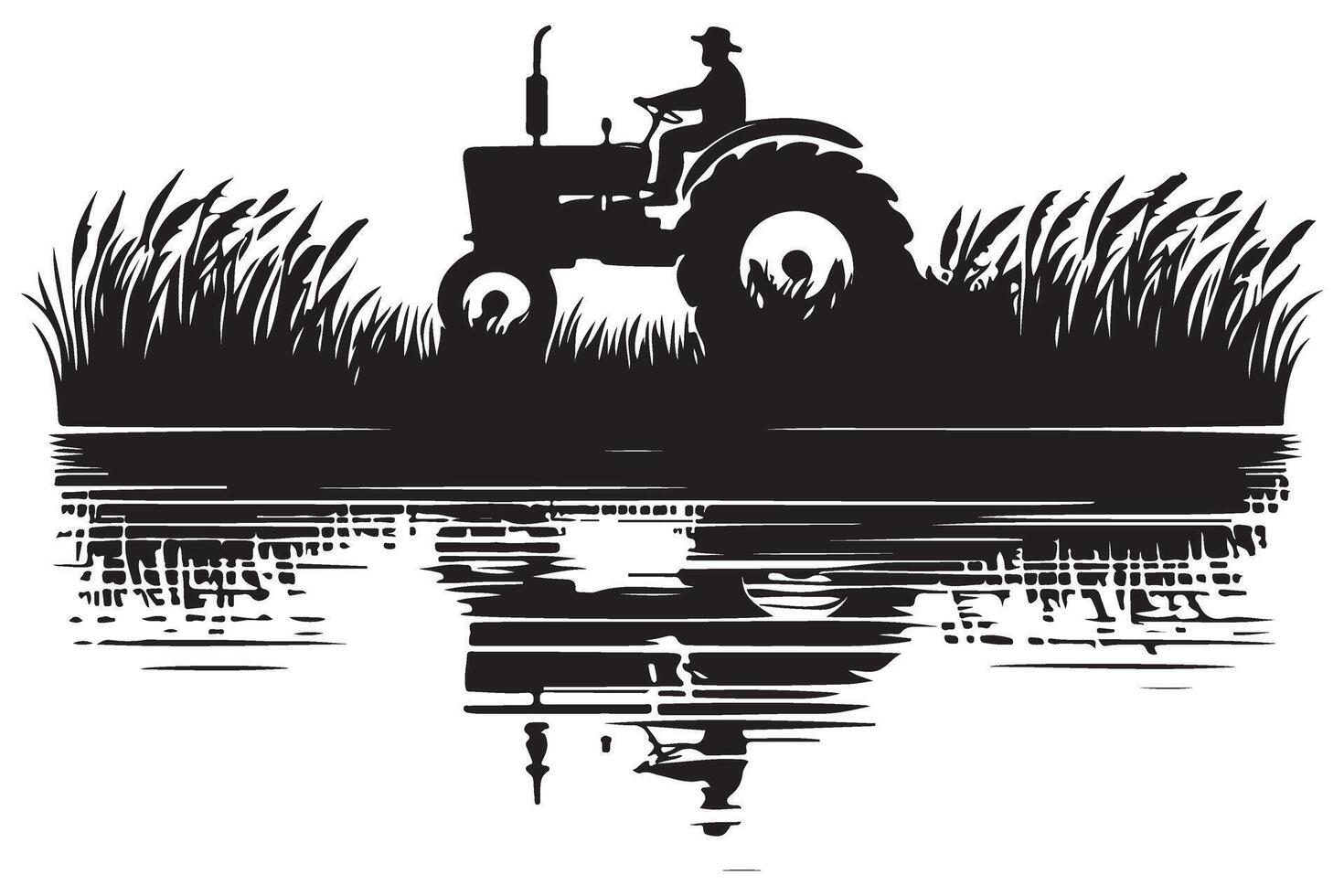 Silhouette Illustration Reflection of Tractor and Farmer by Lakeside vector