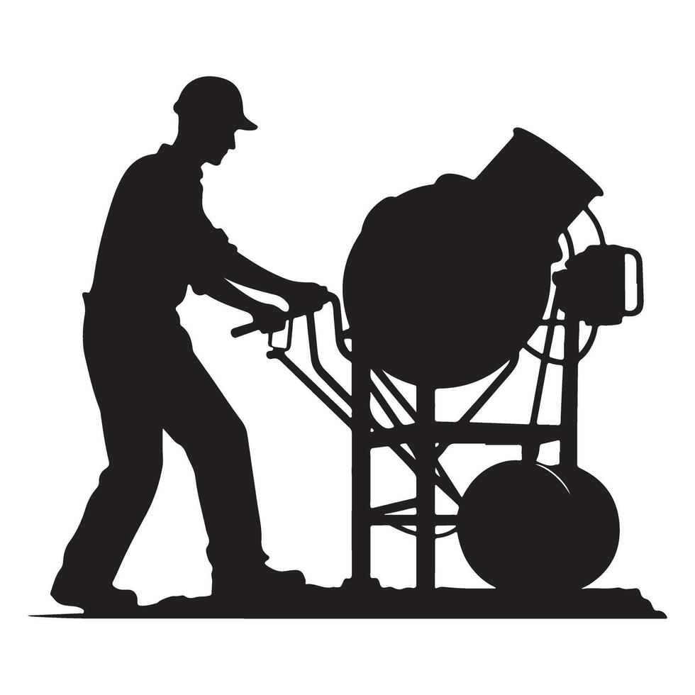 Cement mixer construction worker silhouette using a concrete mixing machine vector