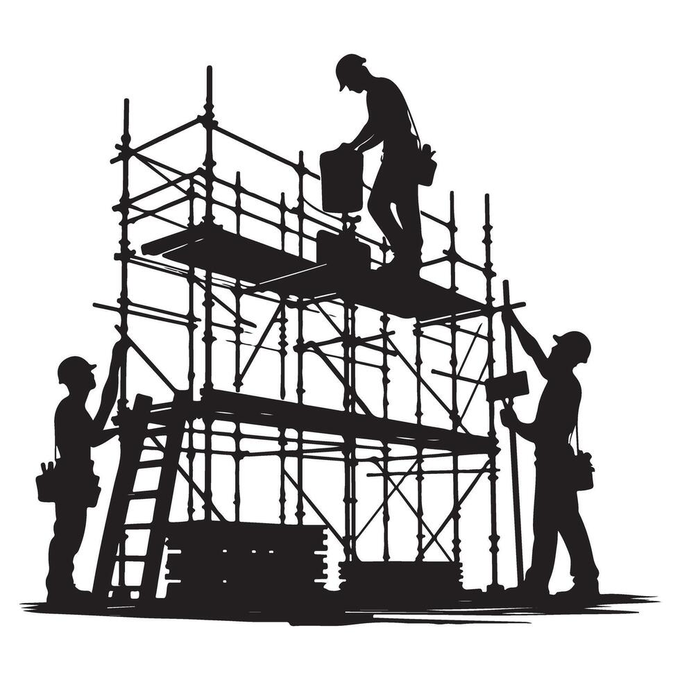 Construction Site Scaffolding Silhouette Illustration with Construction Workers vector