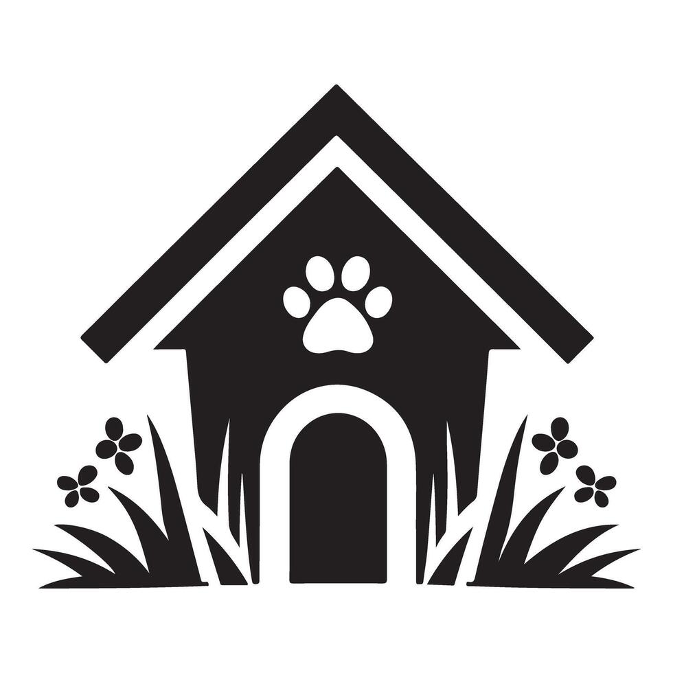 Silhouette of Dog House Illustration with Paw Print Design vector