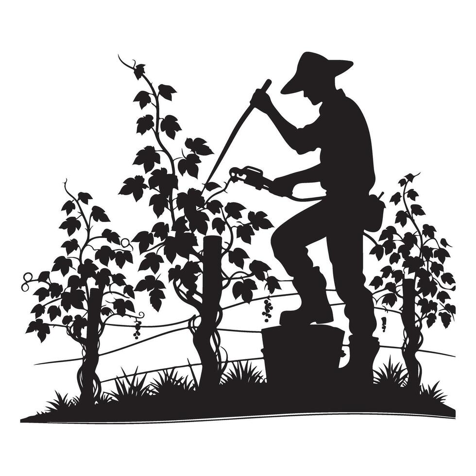 Silhouette of vintner tending vineyard and spraying pesticide vector