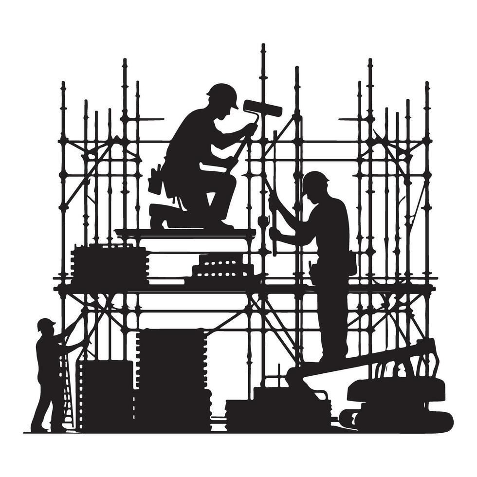 Silhouette Construction Workers Painting Scaffolding Illustration Design vector