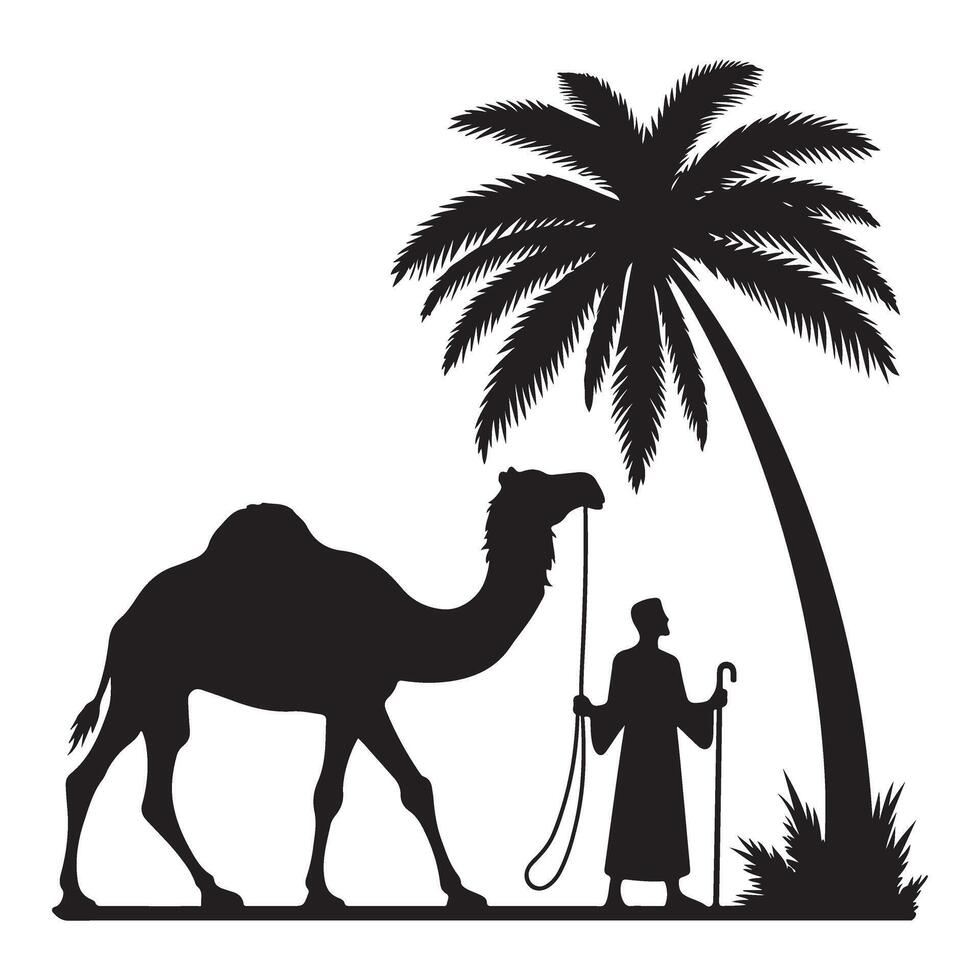 Silhouette of Camel Caravan Desert Journey Under Palm Tree Shade vector