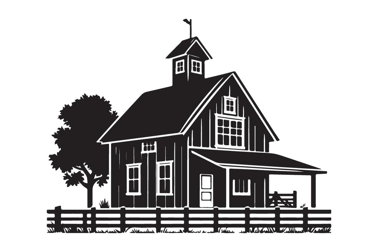 Silhouette Barn House with Fence Illustration vector