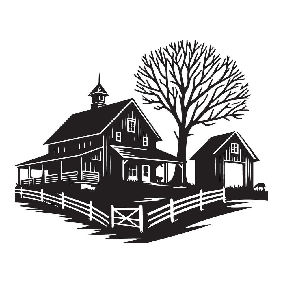 Silhouette Farmhouse with Barn Surrounded by Fence and Tree vector