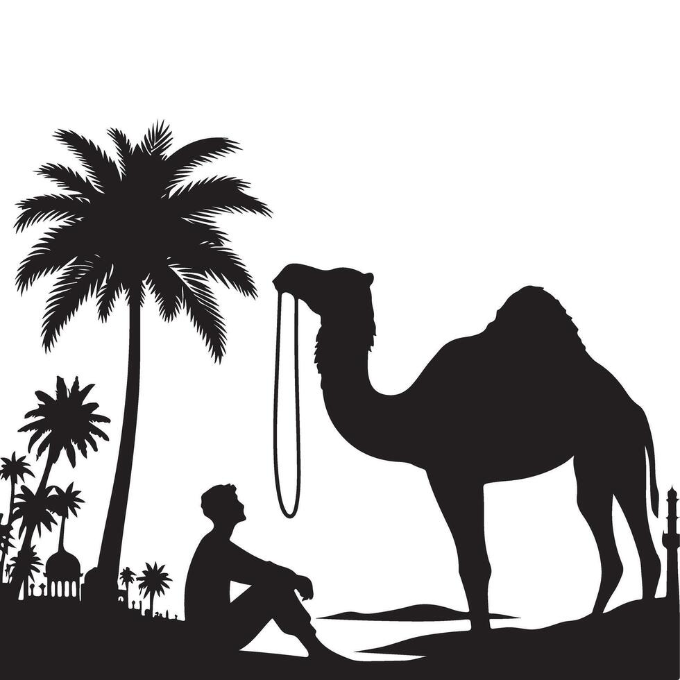 Silhouette Man with Camel under Palm Tree Desert Illustration vector