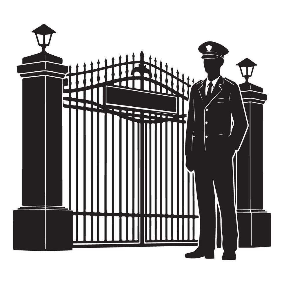 Security guard at gate illustration safety protection entrance control vector