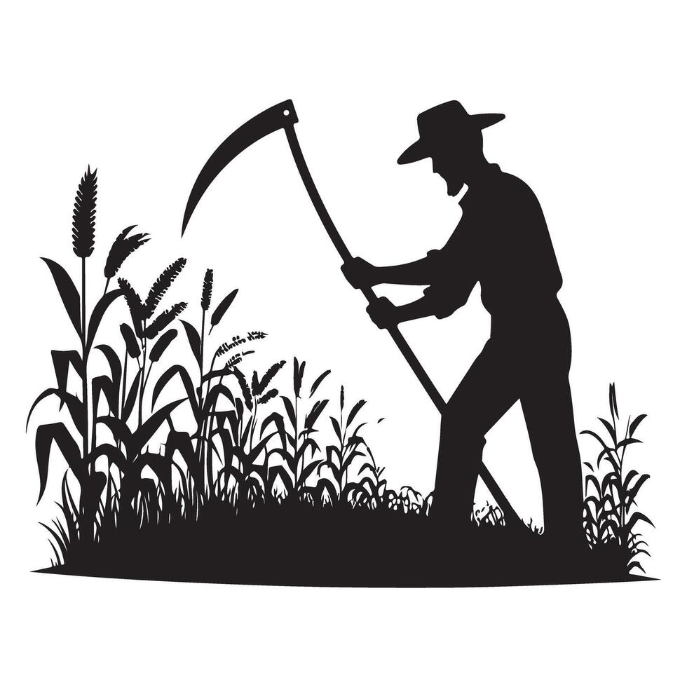 Vintage Farmer Silhouette Illustration Harvesting Crops with a Scythe vector