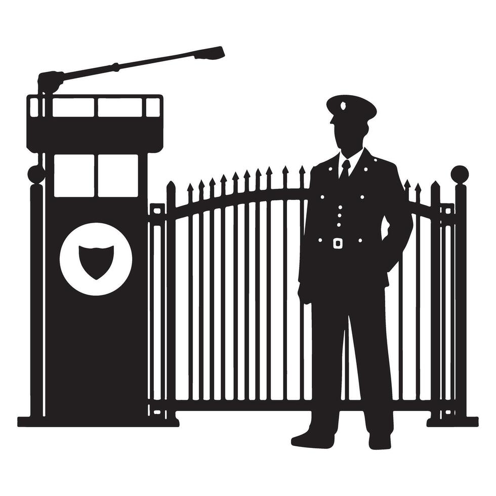 Security Guard Silhouette Illustration at Entrance Gate vector