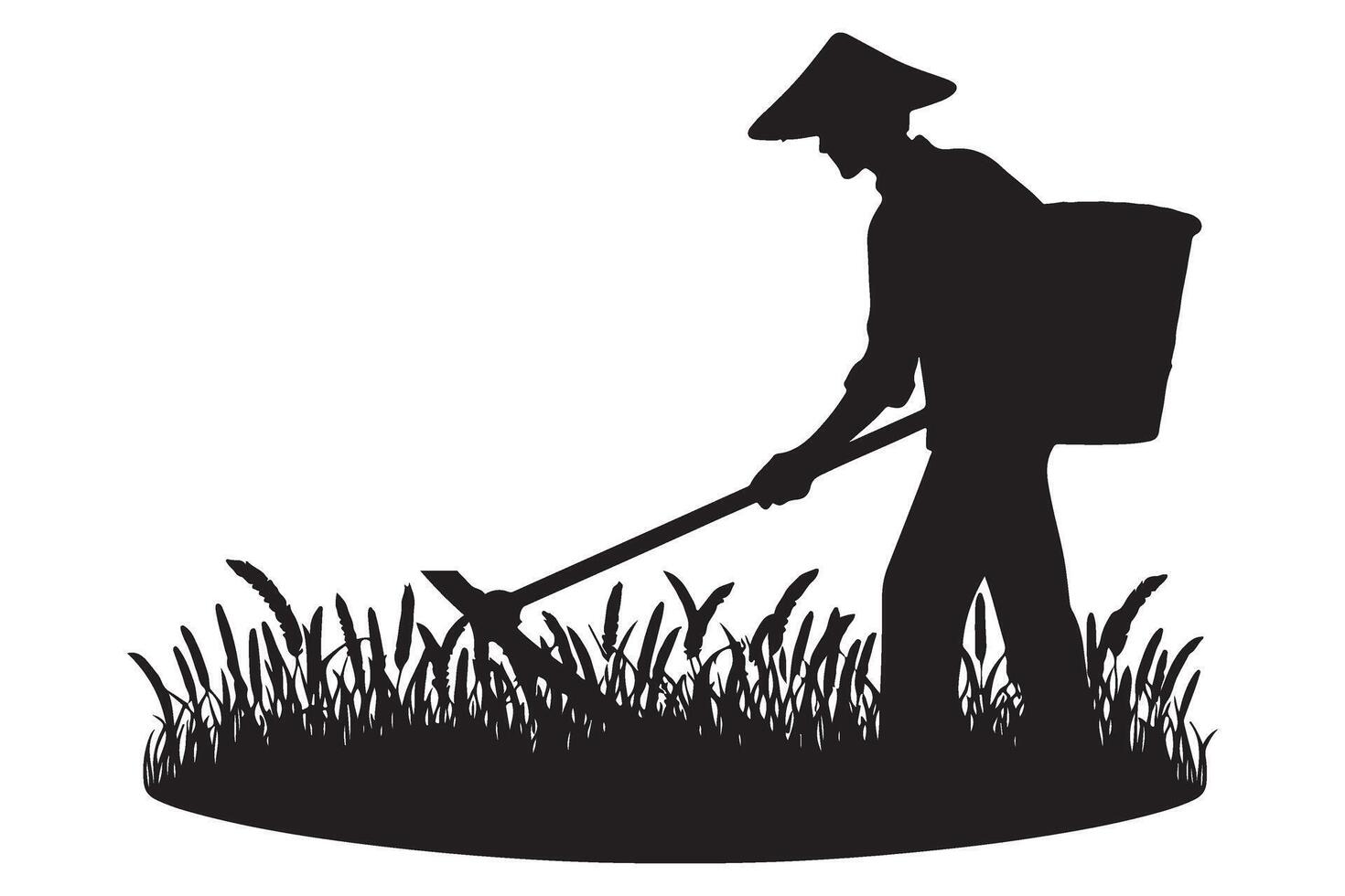 Silhouette of Asian Farmer Cultivating Rice Field with Hoe vector