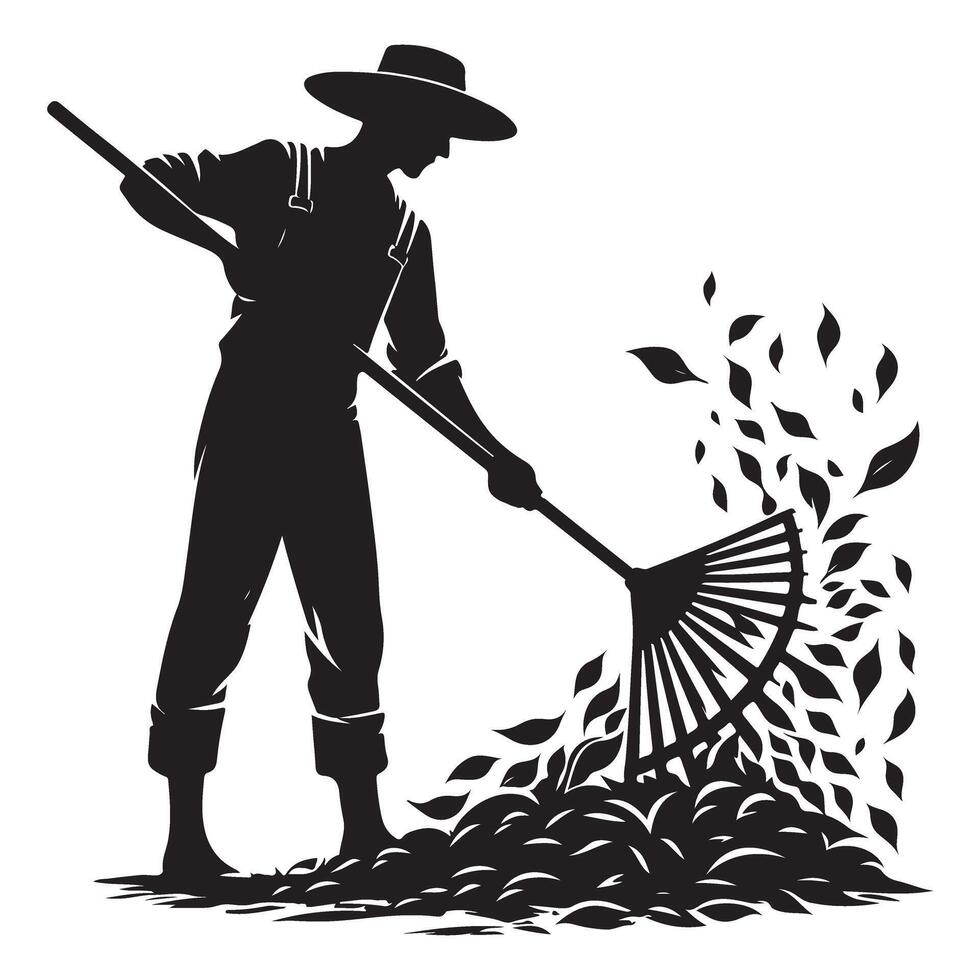 Silhouette Farmer Raking Leaves Illustration Autumn Season vector