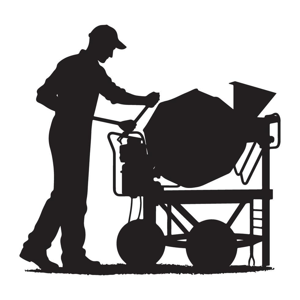 Silhouette Construction Worker Mixing Concrete in Mixer Machine vector