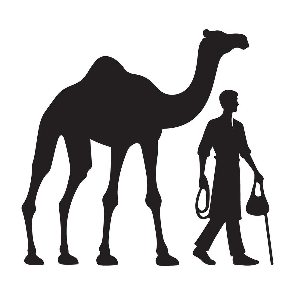 Silhouette of a Man Leading Camel Walking Illustration Design vector