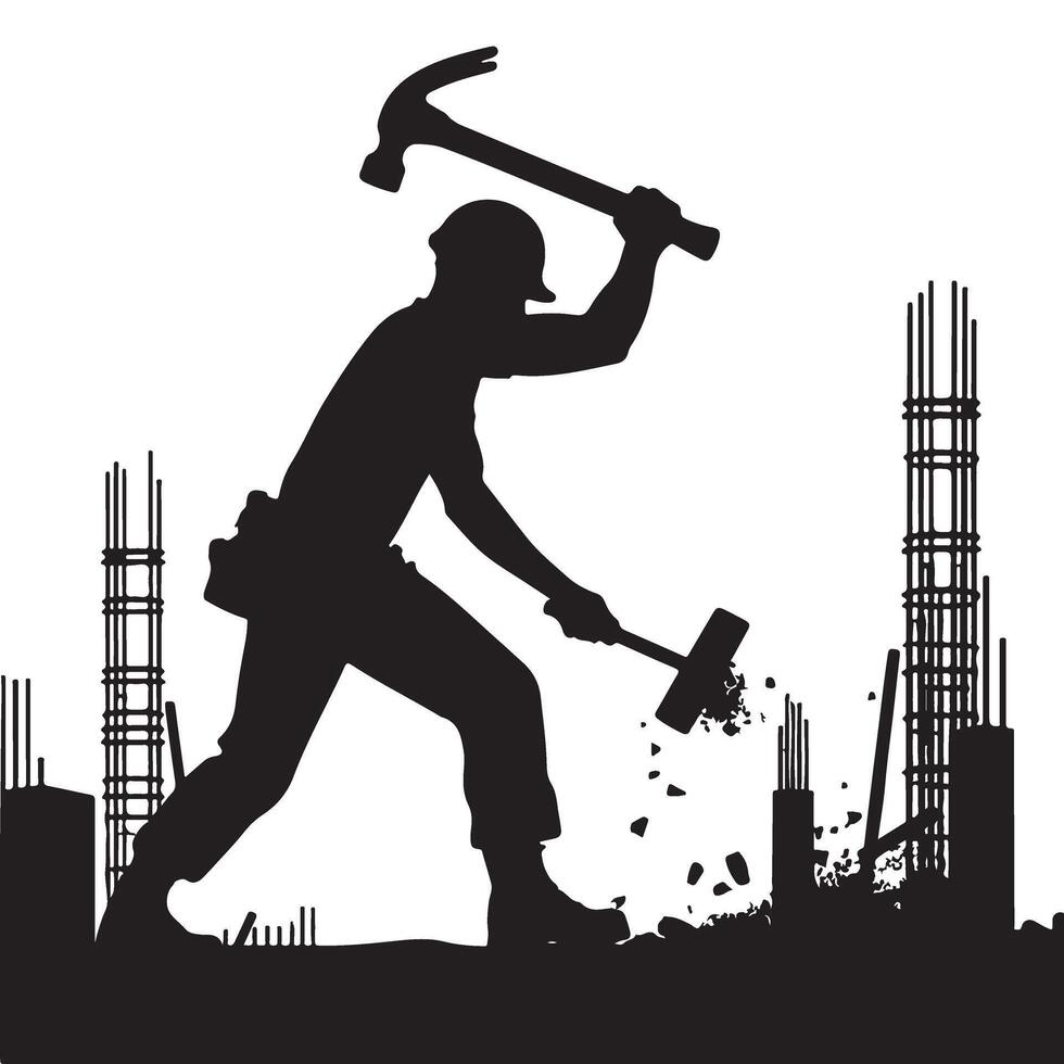 Intense Silhouette Construction Worker Demolishing Concrete Columns Concept Art vector
