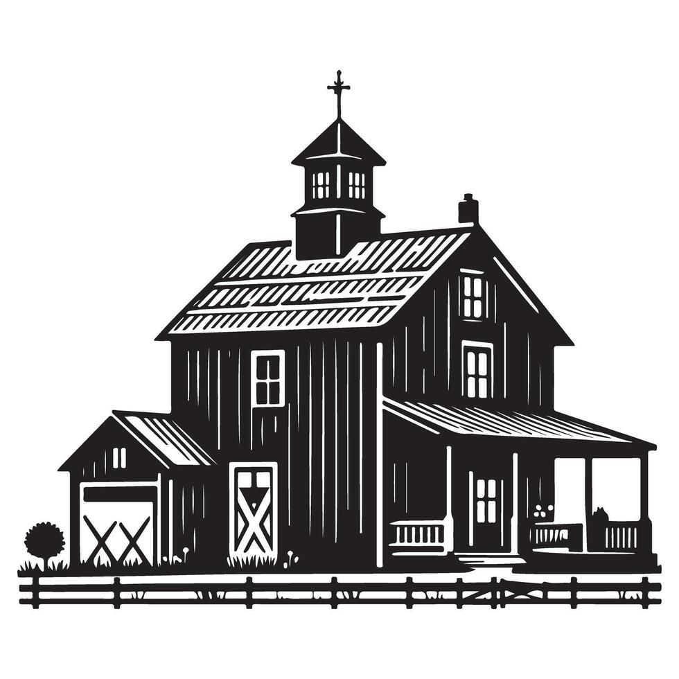 Classic Farmhouse Silhouette with Barnyard Charm Rural Architecture Illustration vector