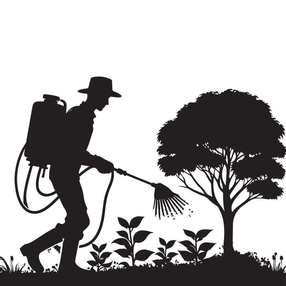 Silhouette of farmer spraying plants tending to field vector