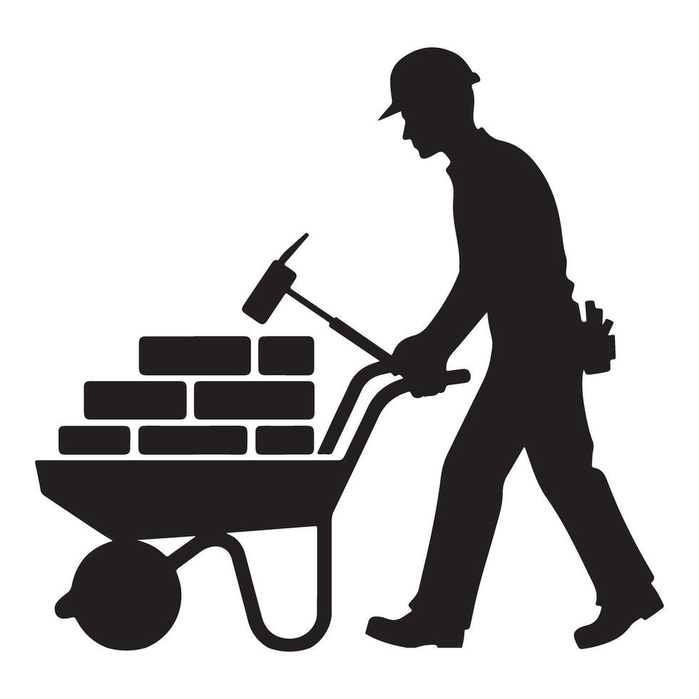 Construction Worker Silhouette Carrying Bricks Black and White Illustration vector