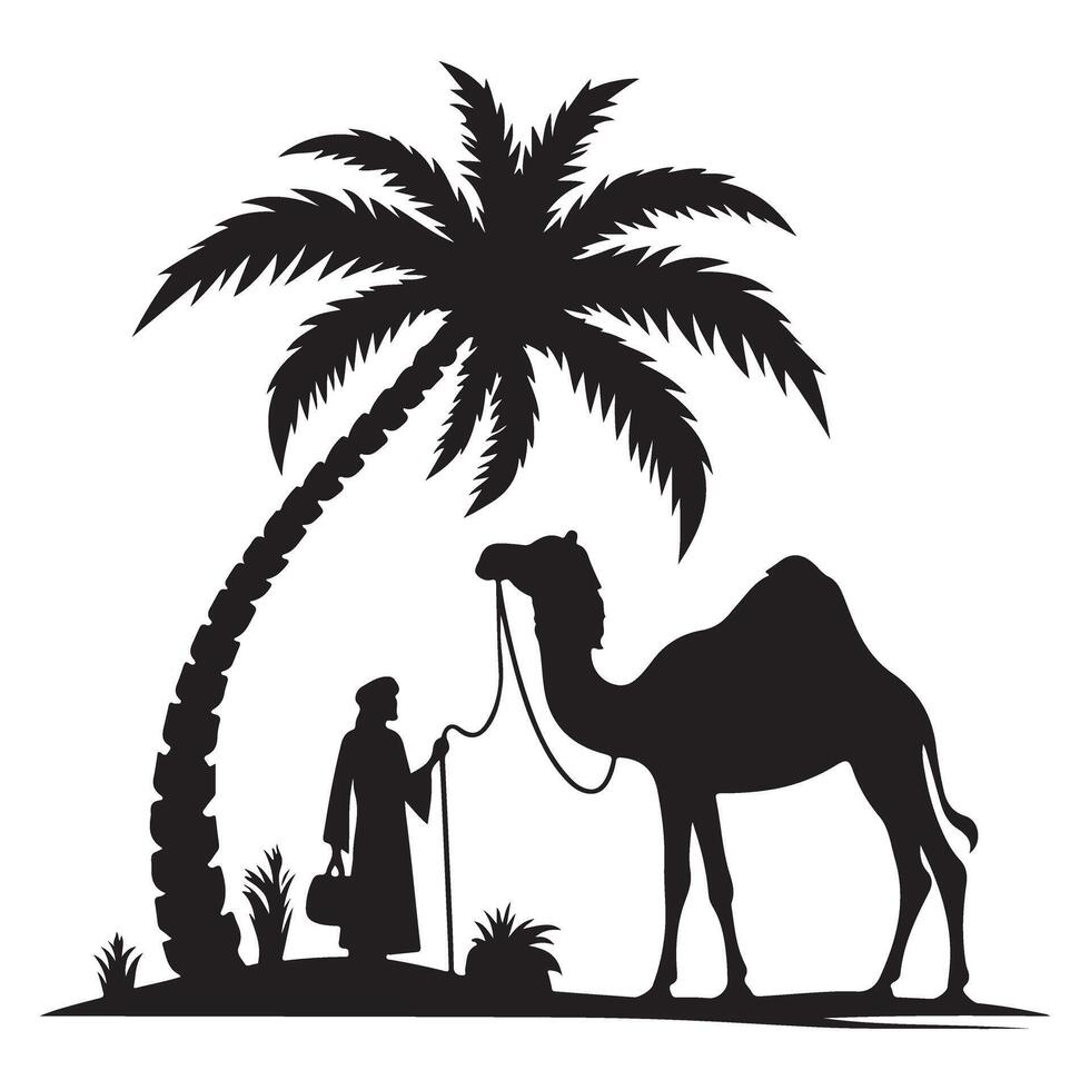 Silhouette of Bedouin with Camel and Palm Tree Illustration vector