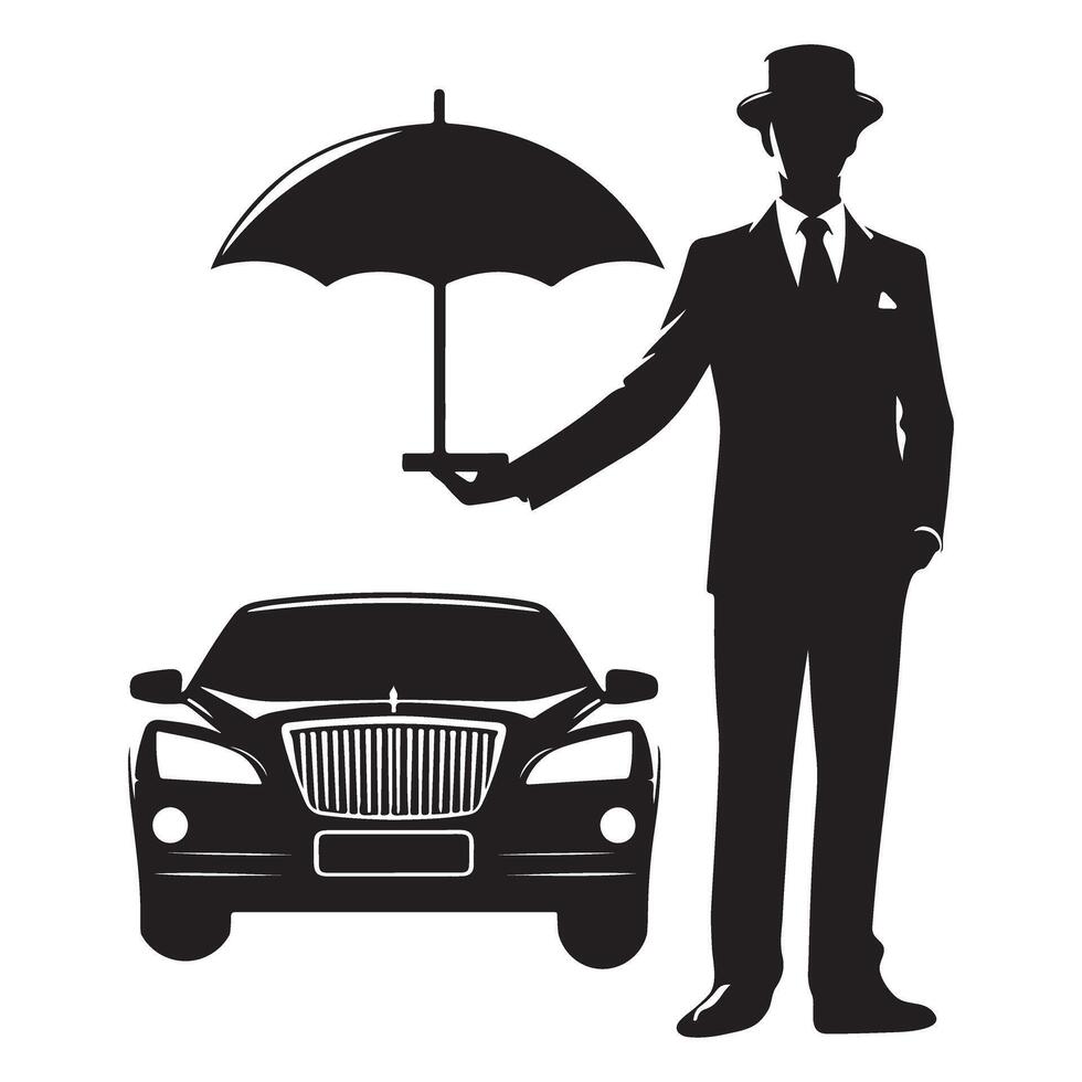 Luxury Car Chauffeur Silhouette Illustration with Umbrella Elegant Design vector